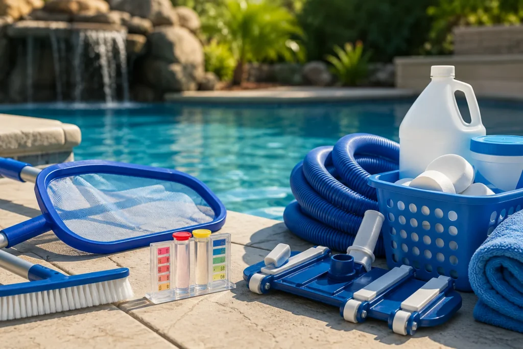 Professional pool maintenance equipment, including a skimmer net, vacuum head, hose, water testing kit, and cleaning supplies beside a crystal-clear backyard swimming pool.