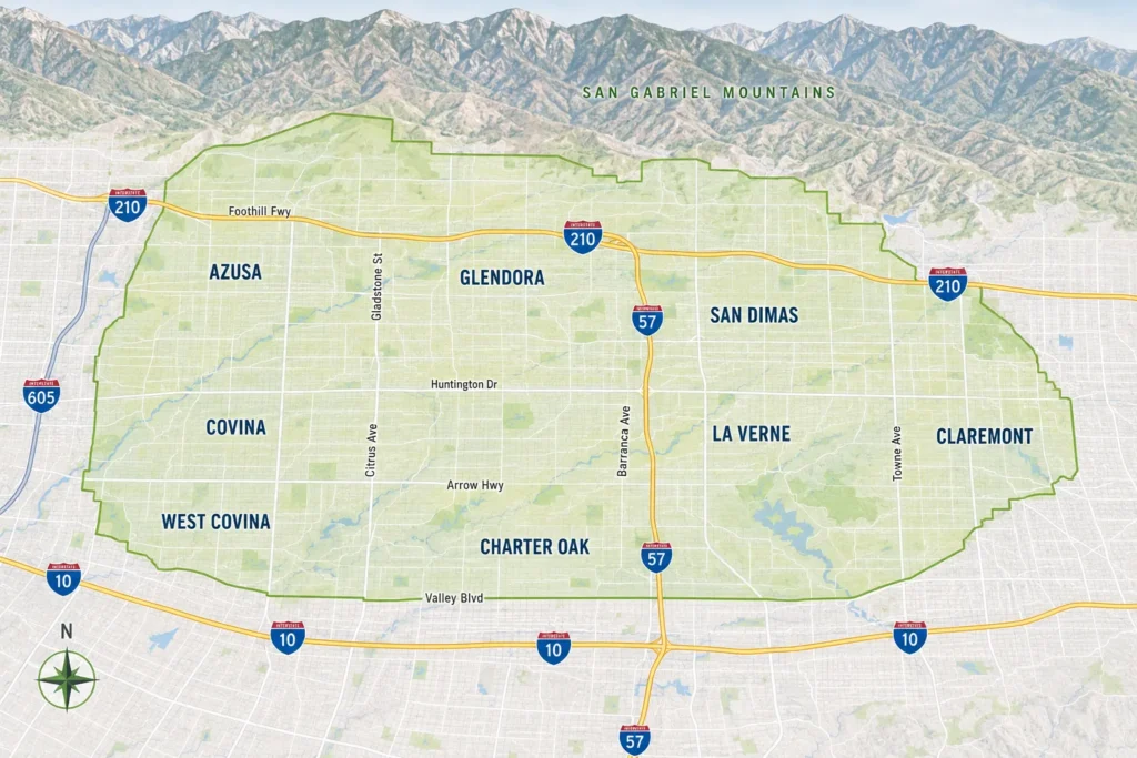 San Gabriel Valley pool service area map showing Glendora, San Dimas, Azusa, Covina, West Covina, La Verne, Claremont, Charter Oak, and major freeways.